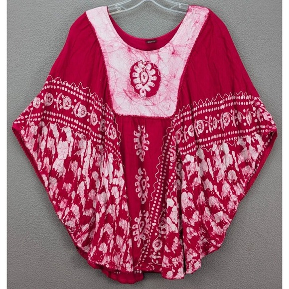Jackpot Kaftan Womens One Size Red & White Batik Batwing Sleeve Embroidered Boho - Picture 4 of 10